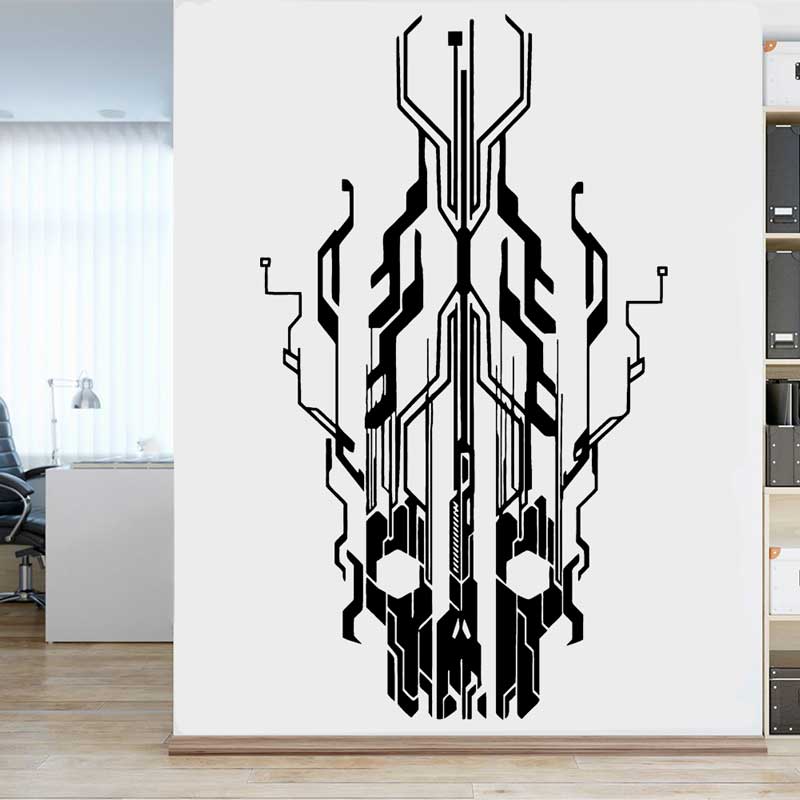 Office Tech Furniture - ชิปวงจร Tech Skull ไวนิลสติ๊กเกอร์ติดผนังสำนักงานธุรกิจบ้านเด็กห้องเด็กเล่น Study Internet