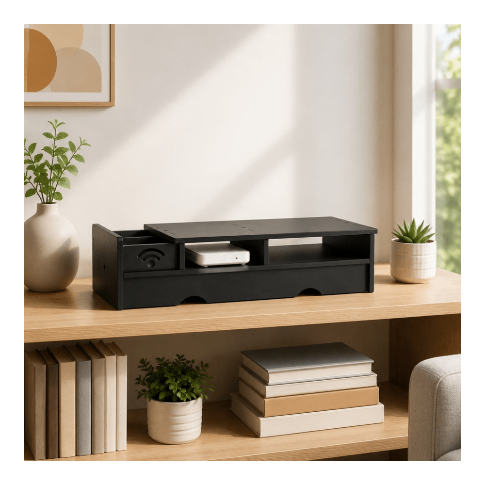 Office Tech Set Up - กล่องเก็บเราเตอร์ WiFi สีดำด้าน ขนาดกะทัดรัด สำหรับจัดระเบียบอุปกรณ์เทคโนโลยีในโฮมออฟฟิศ ห้องนอน